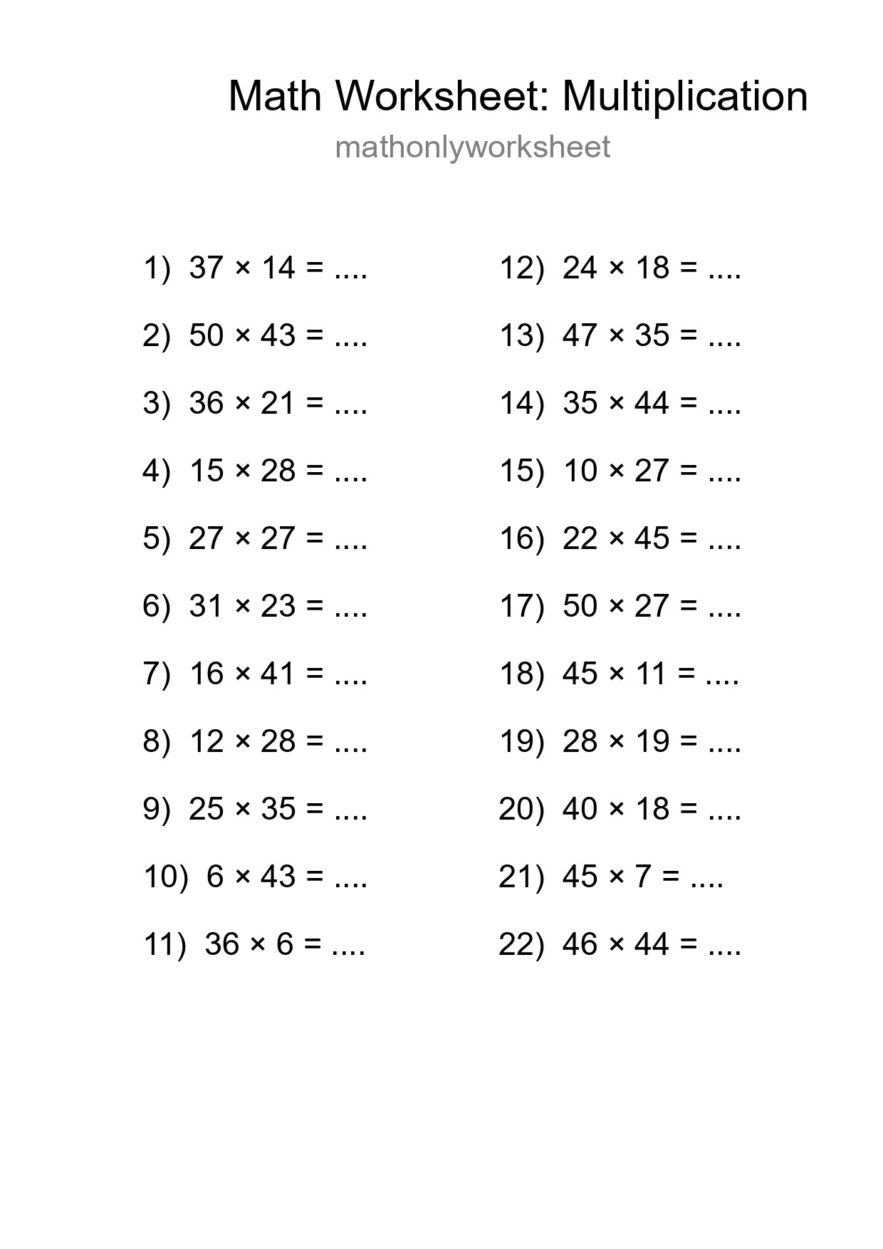 Printable Free 22 Multiplication Math Worksheet For Grade 2 - Part 224