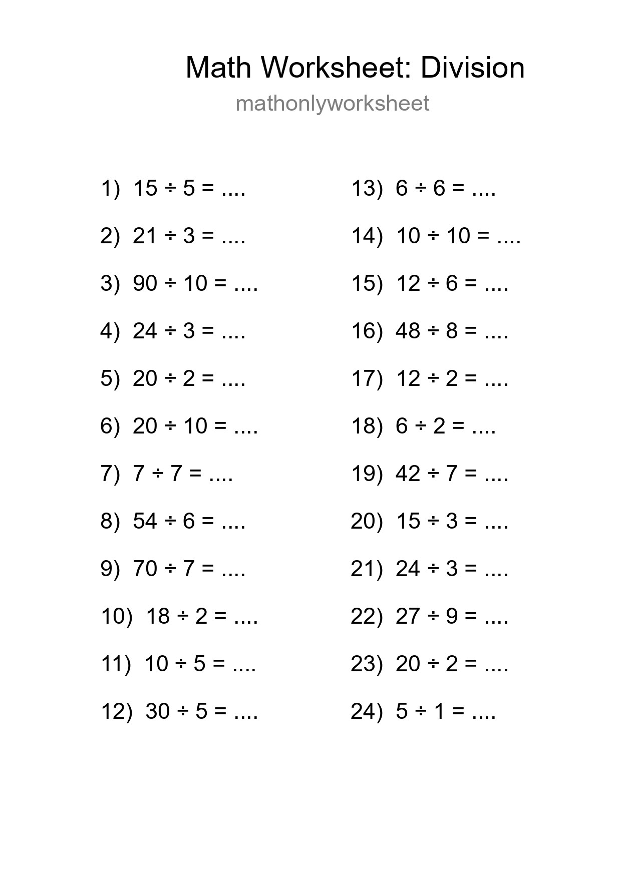Printable Free 24 Division Math Worksheet For Grade 1 - Part 244