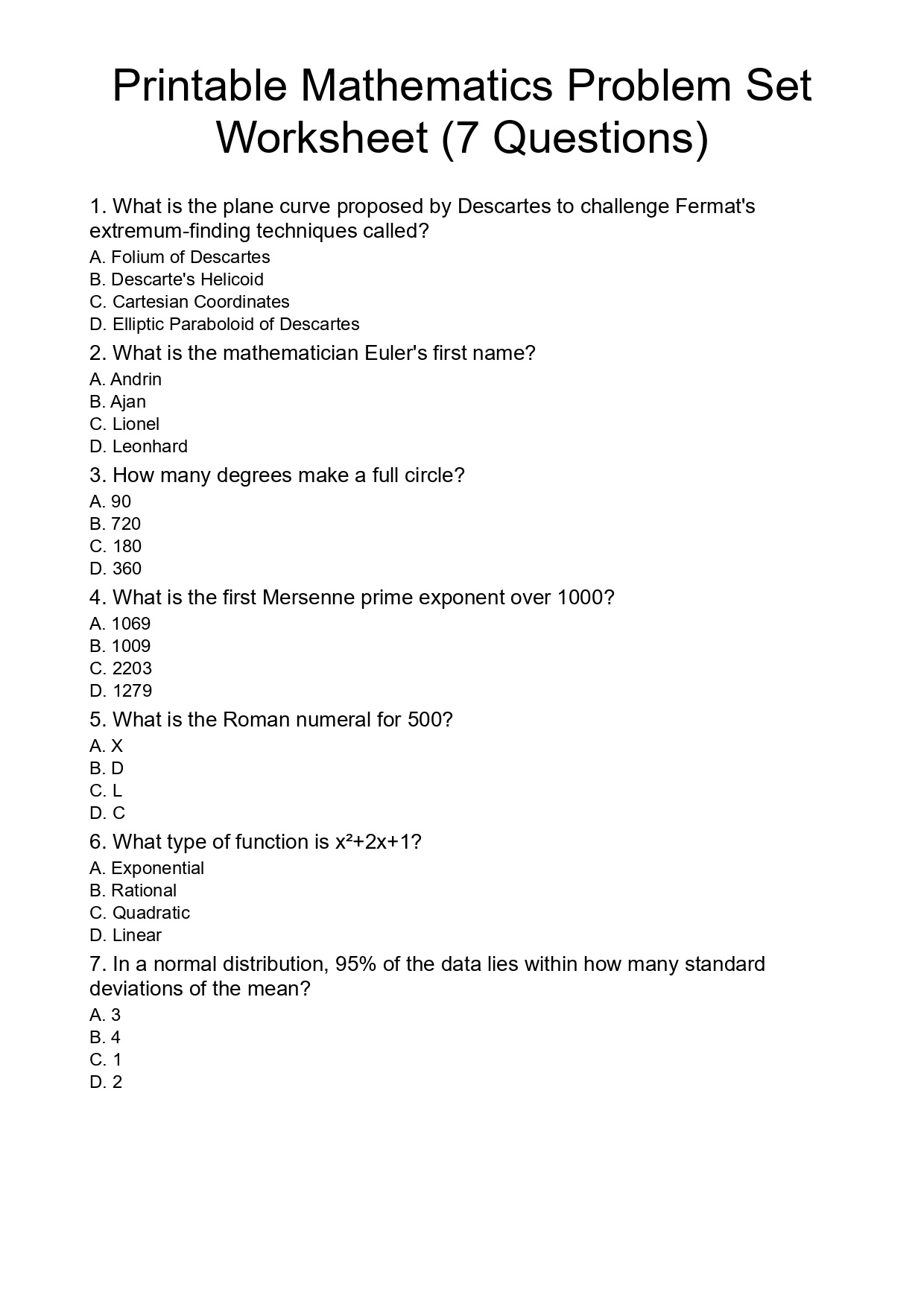 Printable Mathematics Problem Set Worksheet (7 Questions)