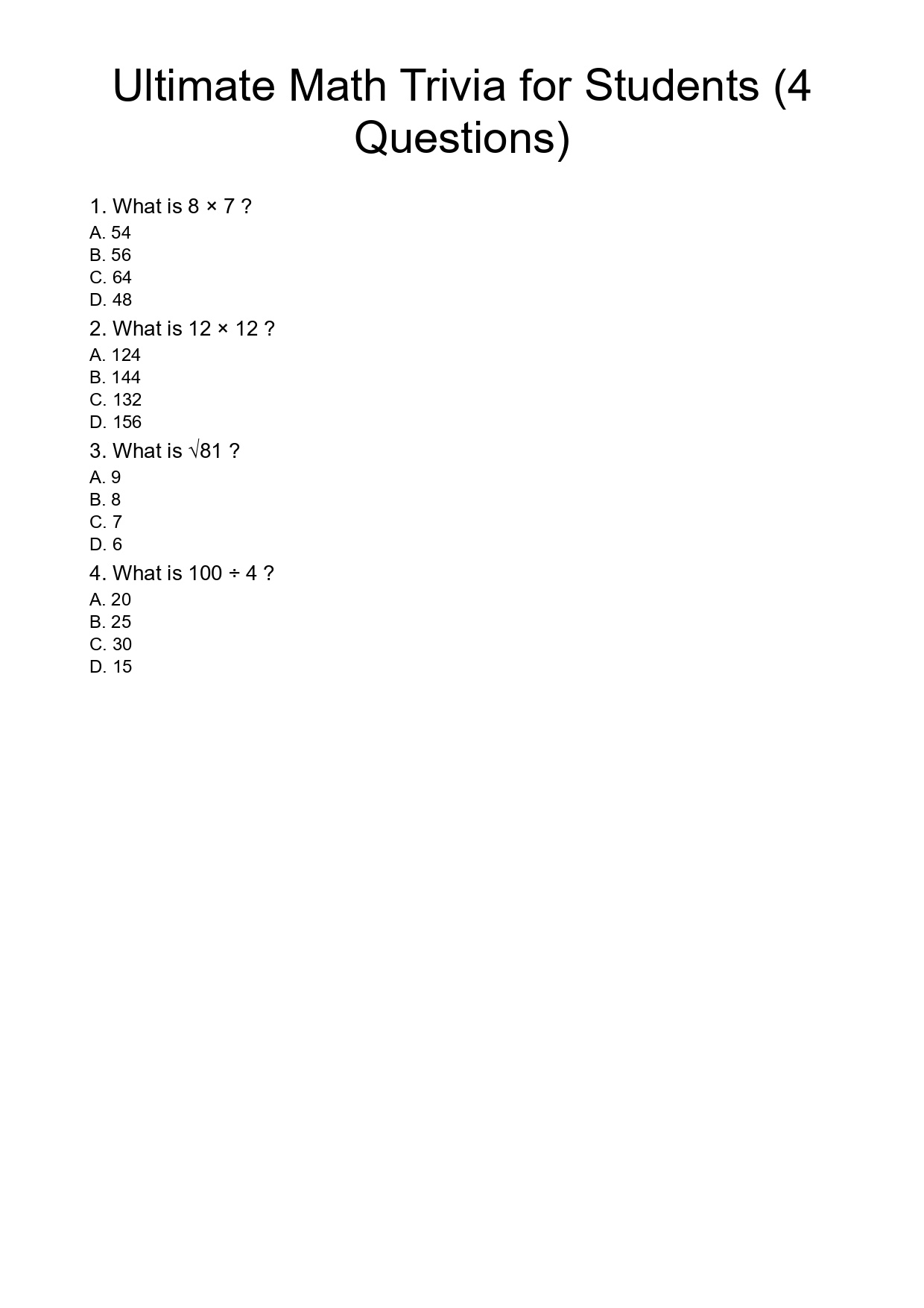 Ultimate Math Trivia for Students (4 Questions)